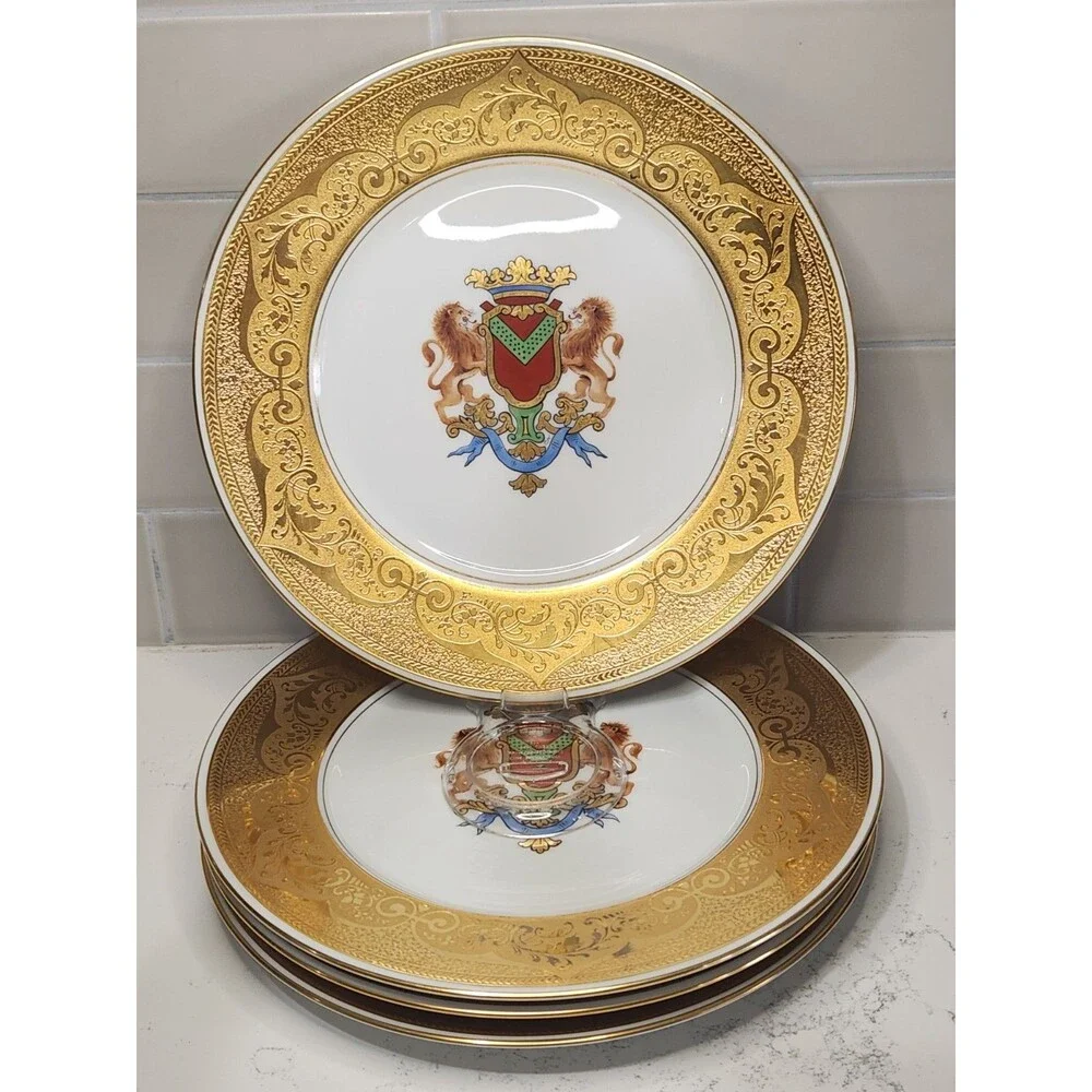 Set Of 4 Bohemia Czech Stouffer China Hand Painted Gold Lion Coat Of Arms Plates